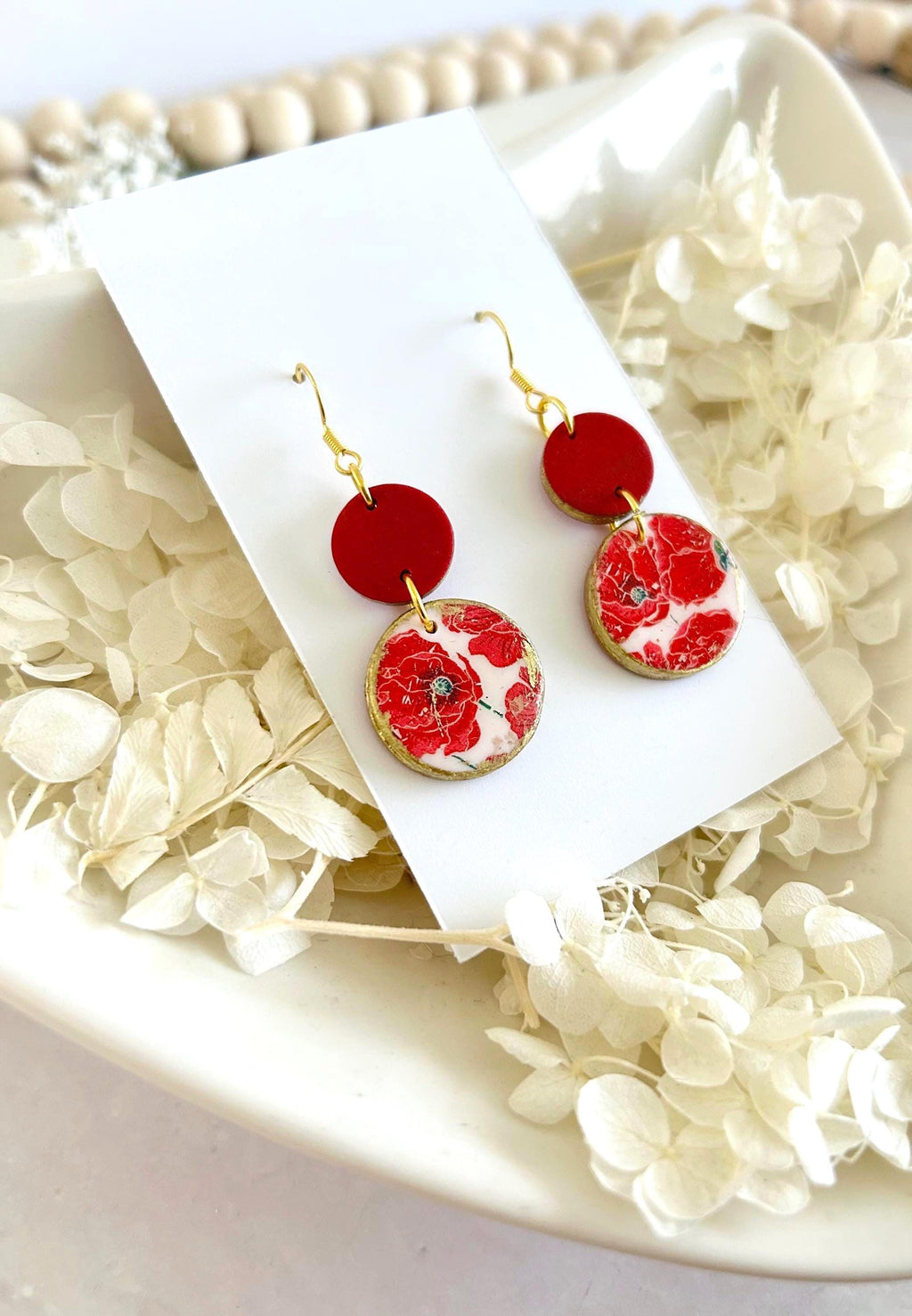 Dark Poppy Red Clay Earrings, Gold Floral Circle Dangles, Handmade Flower Boho Jewelry