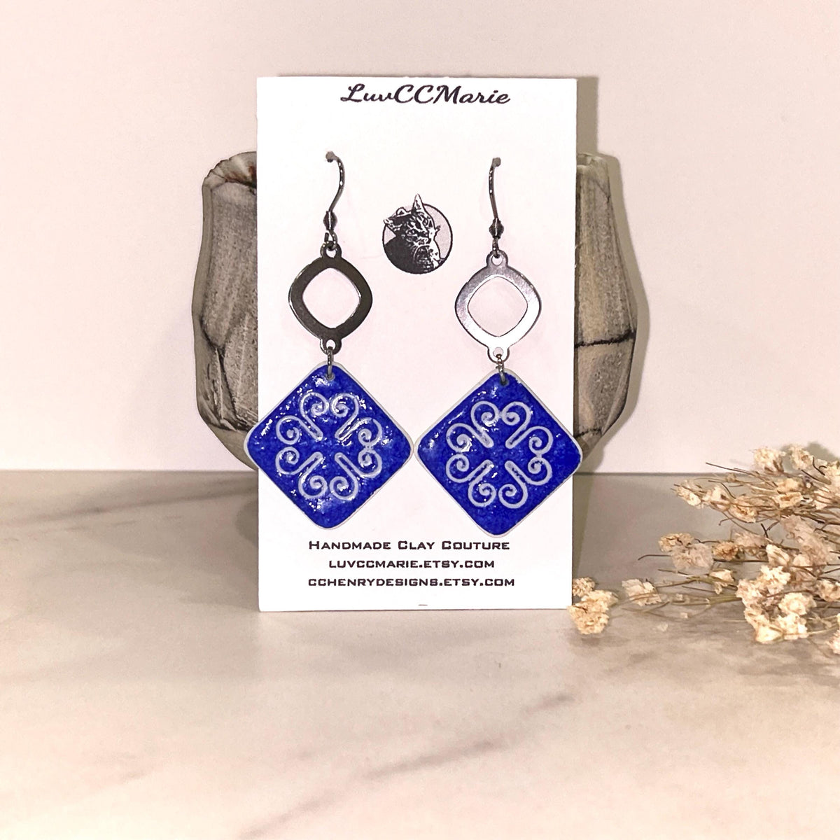 Square Cobalt Tile Talavera Earrings, Santorini Delft Blue Dangles, Handmade Boho Clay Jewelry