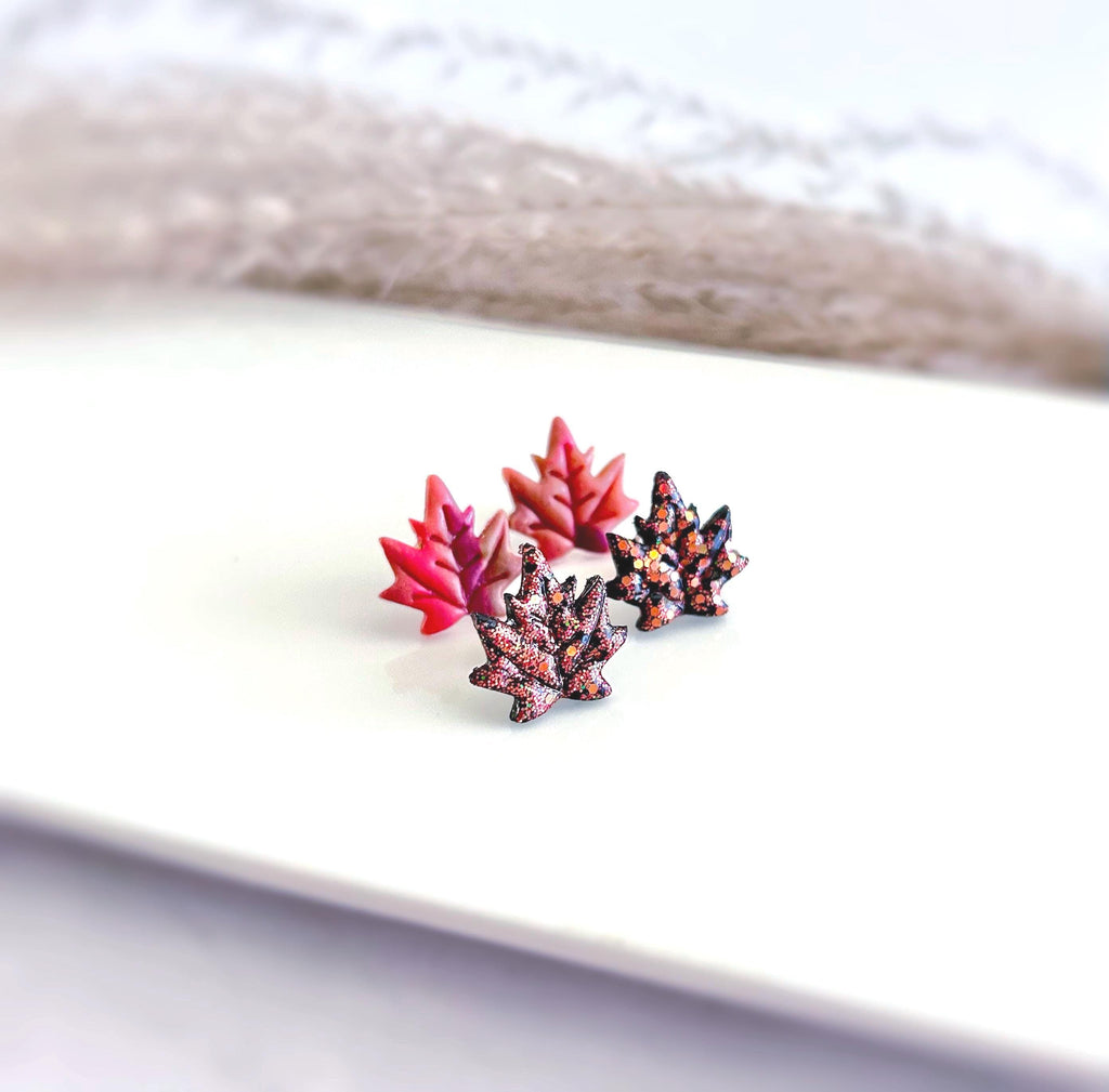Red Maple Fall Leaf Stud Earrings, Glitter Clay Studs Set, Fire Sparkly Handmade Post