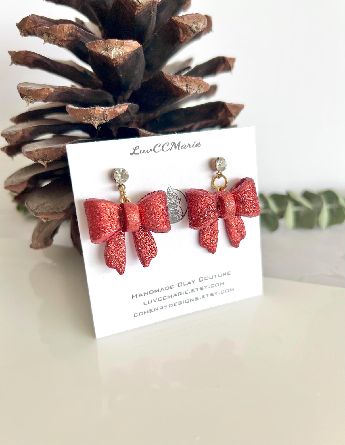 Glitter Bow Clay Earrings, Coquette Dangles, Handmade Holiday Jewelry