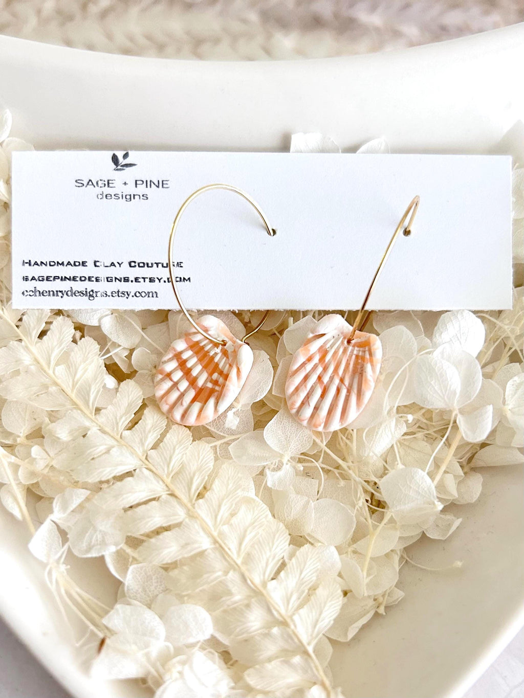 Clay Seashell Earrings, Peachy Coral and White Shell Dangles, Coastal Vacation Dangles Beach Jewelry