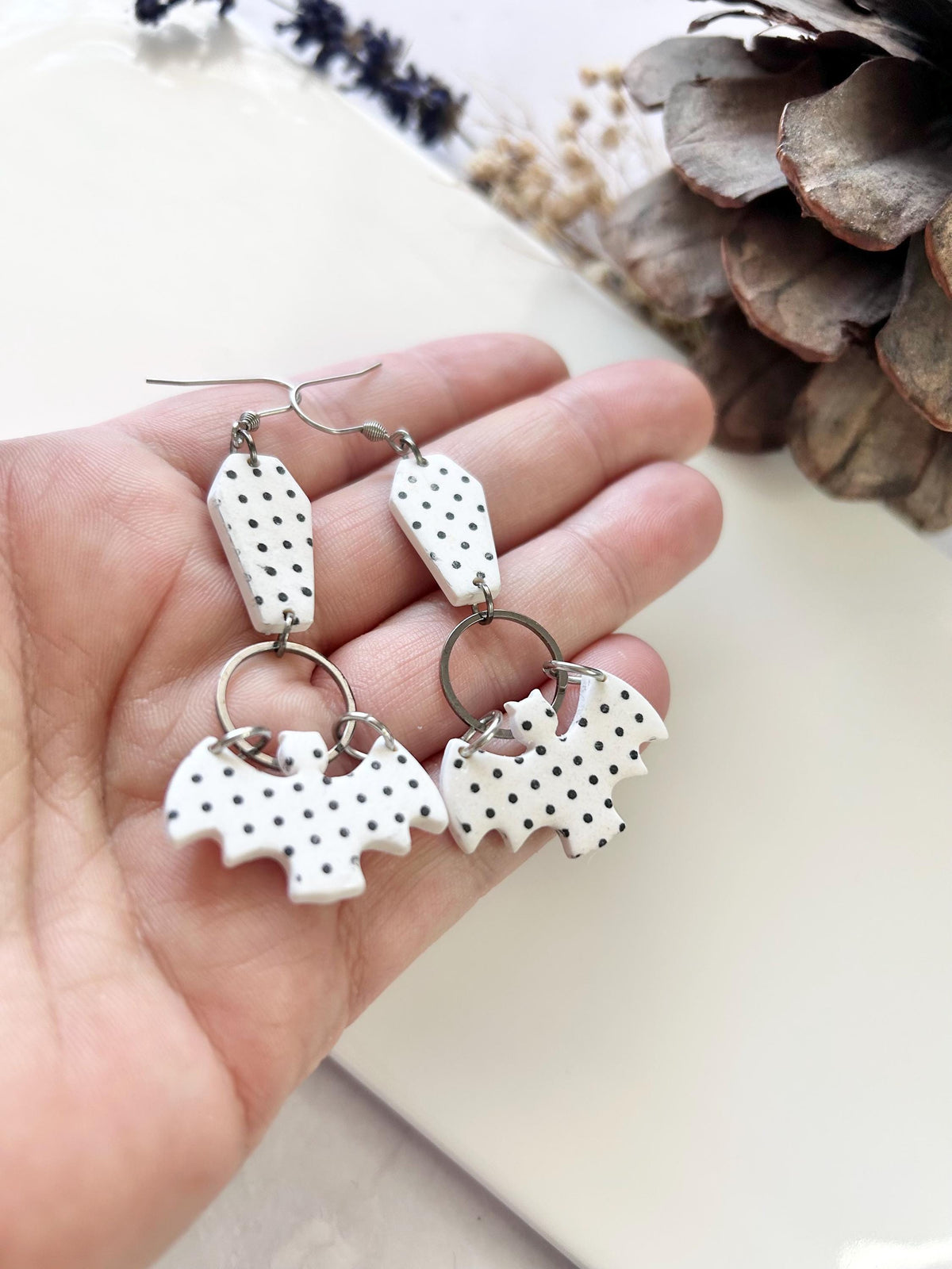 Polka Dot Long Earrings, Bat Coffin Dangles, Black and White Emo Jewelry