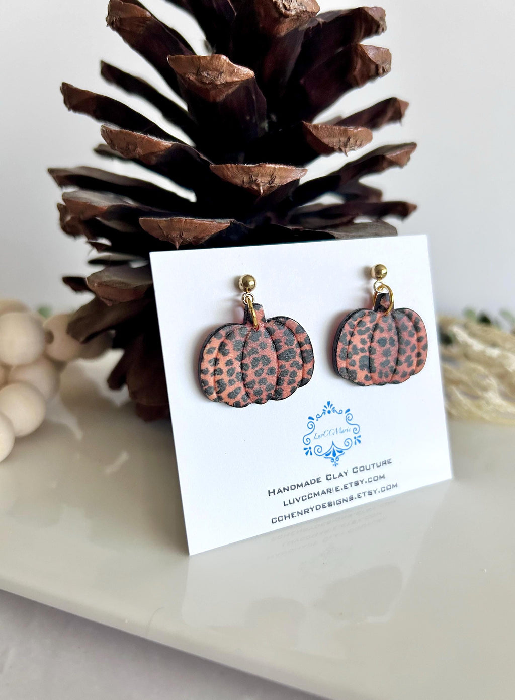 Leopard Print Pumpkin Earrings, Fall Hoop Dangles, Lightweight Handmade Clay Jewelry