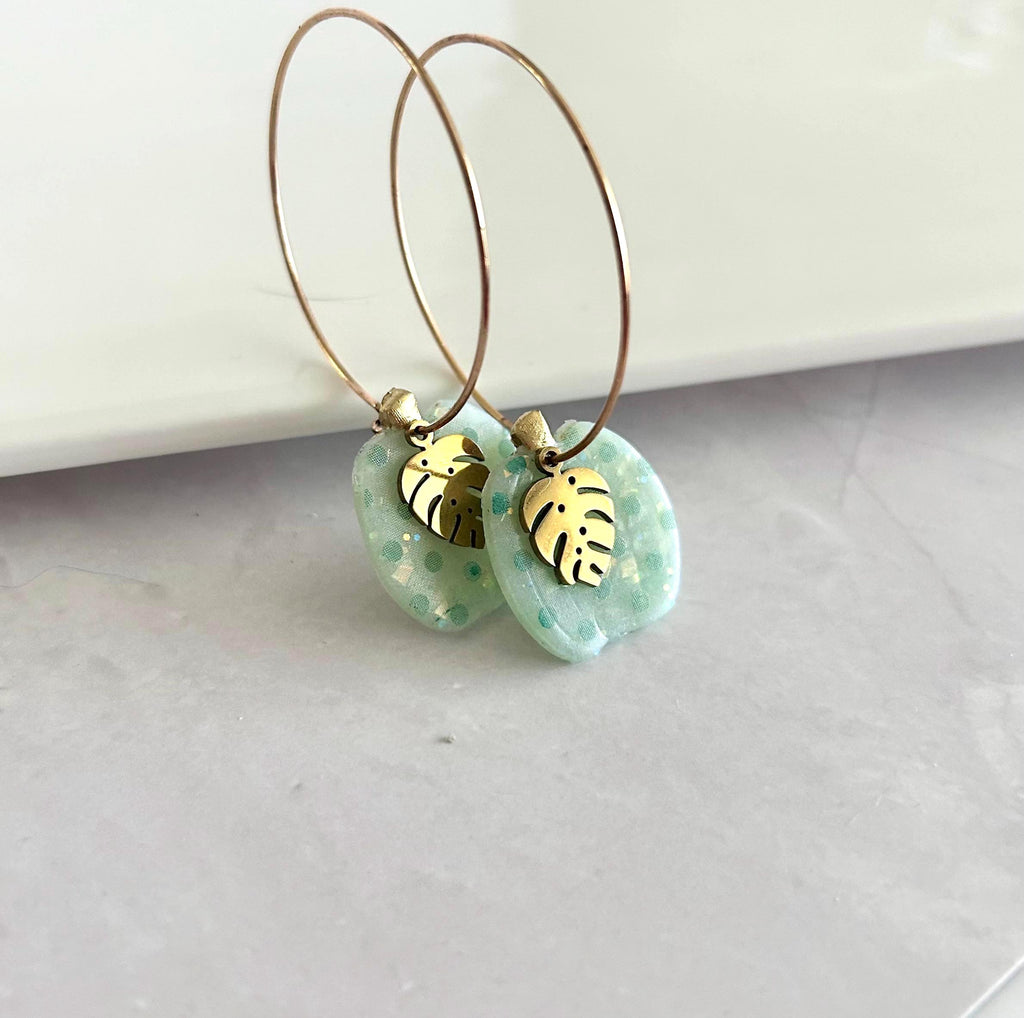 Green Polka Dot Pumpkin Earrings, Gold Leaf Clay Hoop Dangles, Fall Boho Jewelry