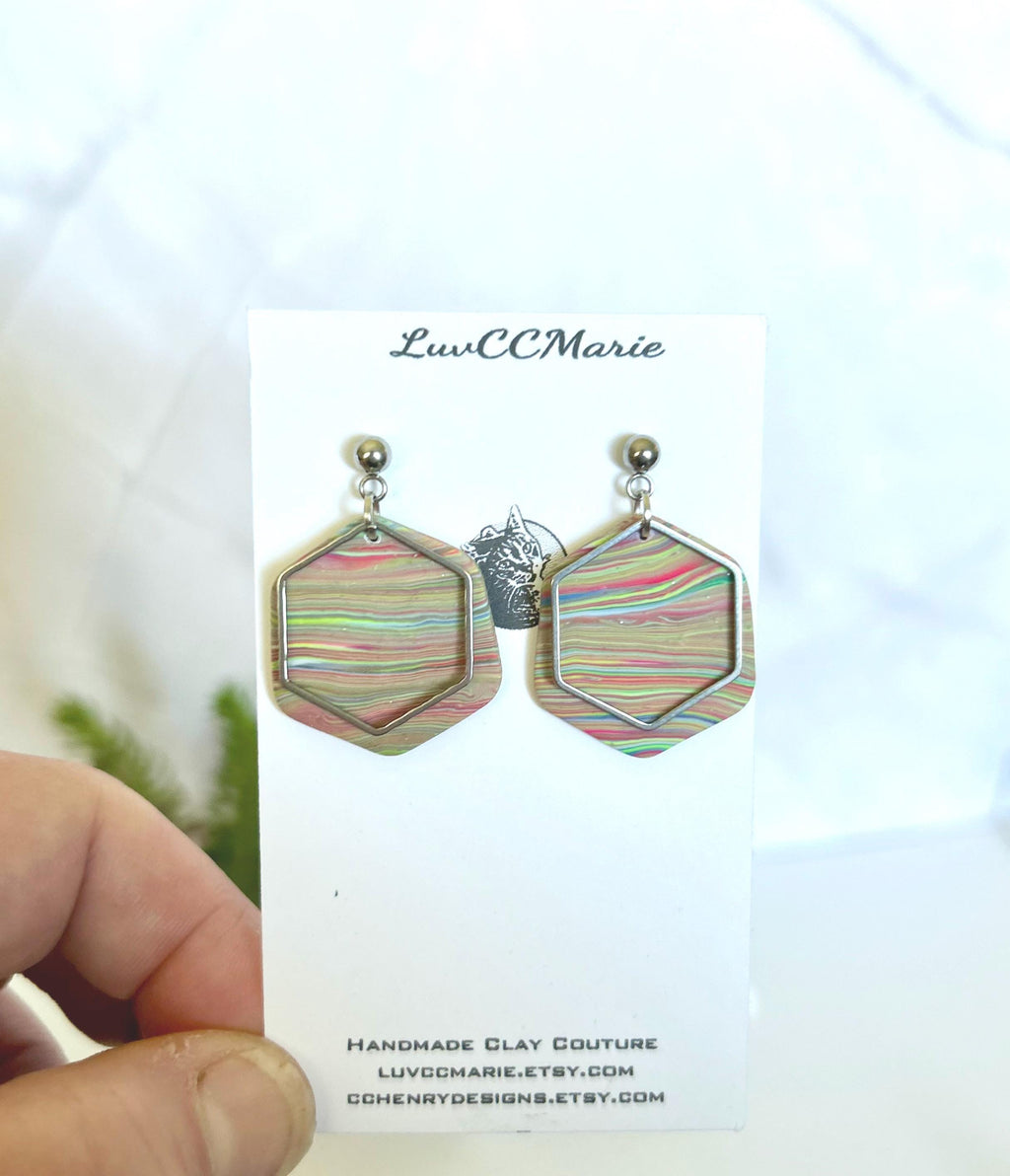 Handmade Clay Striped Earrings, Rainbow Pride Silver Dangles, Lightweight Jewelry Gift