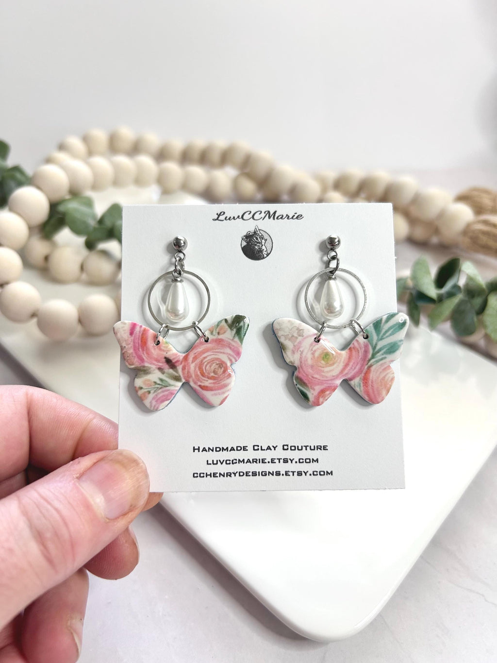 Pink Ranunculus Flower Floral Butterfly Dangle Earrings, White Pearl Hoop Dangles, Unique Bridal Gift