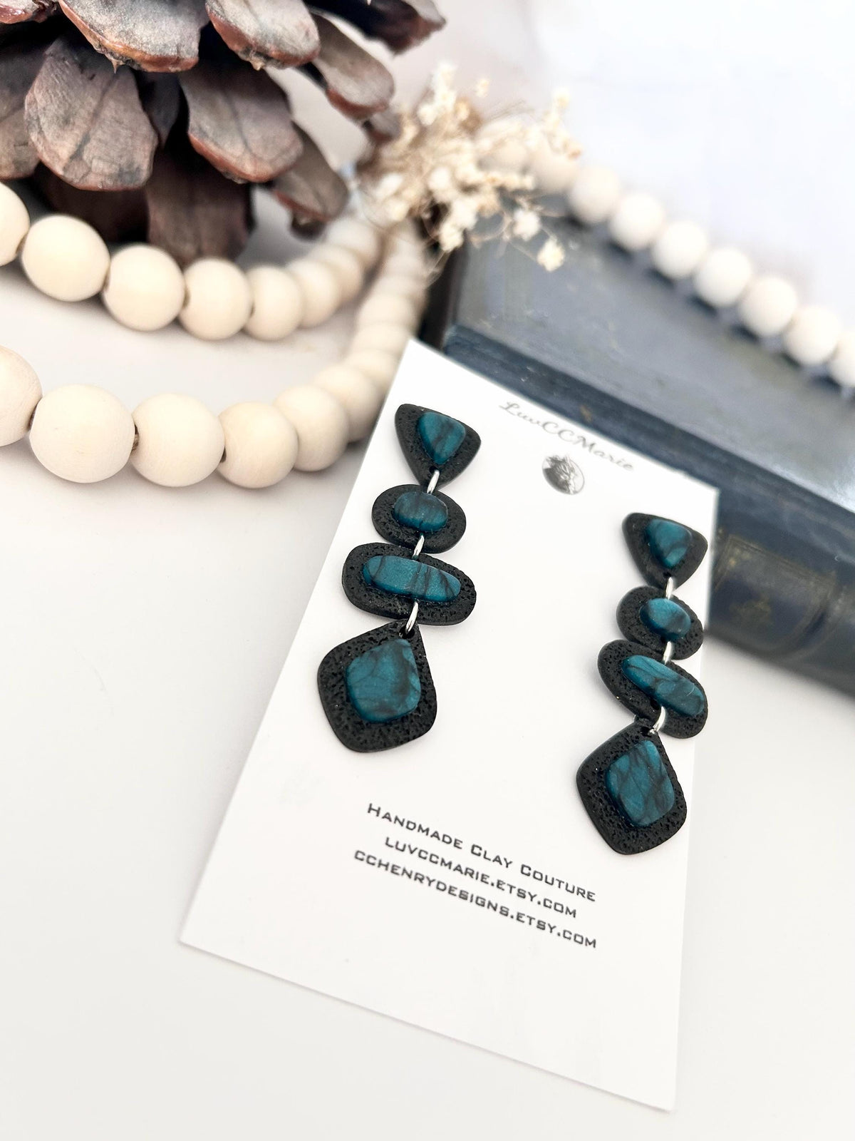 Black Teal Clay Earrings: Handmade Boho Stud Dangles Geometric Long
