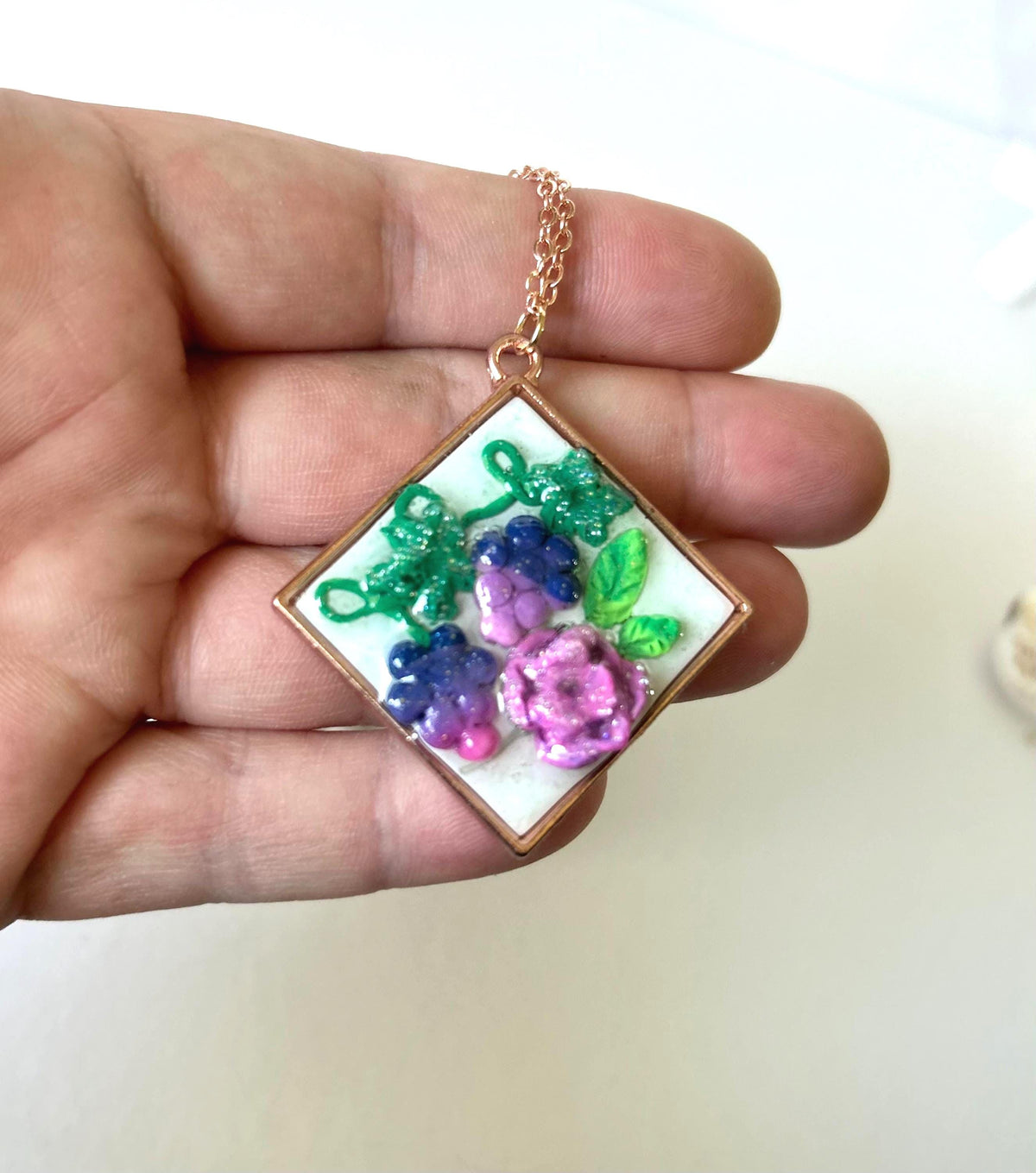 Handmade Polymer Clay Grapes & Rose Pendant Necklace, Rose Gold