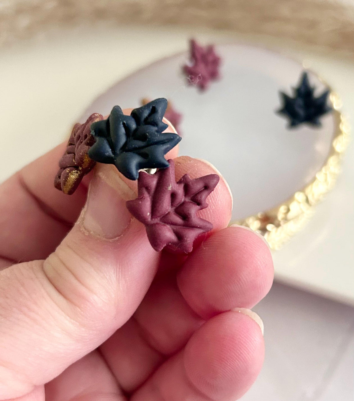 Navy Blue & Dark Burgundy Maple Leaf Stud Earrings, Hypoallergenic Post Fall Jewelry