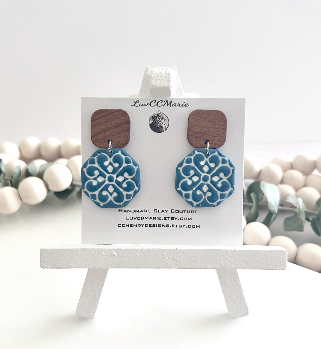 Teal & White Hexagon Santorini Tile Clay and Wood Earrings, Mediterranean Dangles