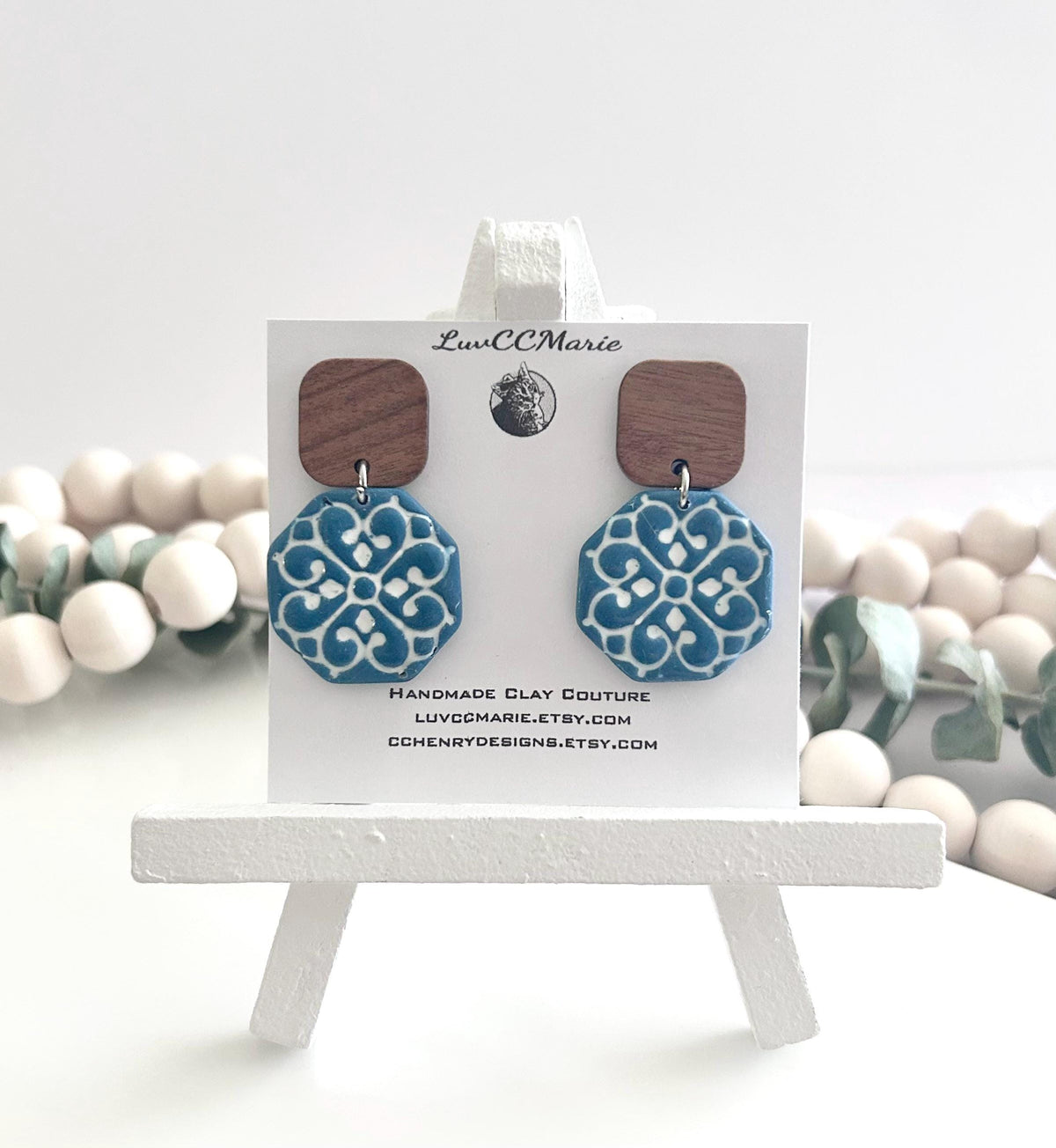 Teal & White Hexagon Santorini Tile Clay and Wood Earrings, Mediterranean Dangles