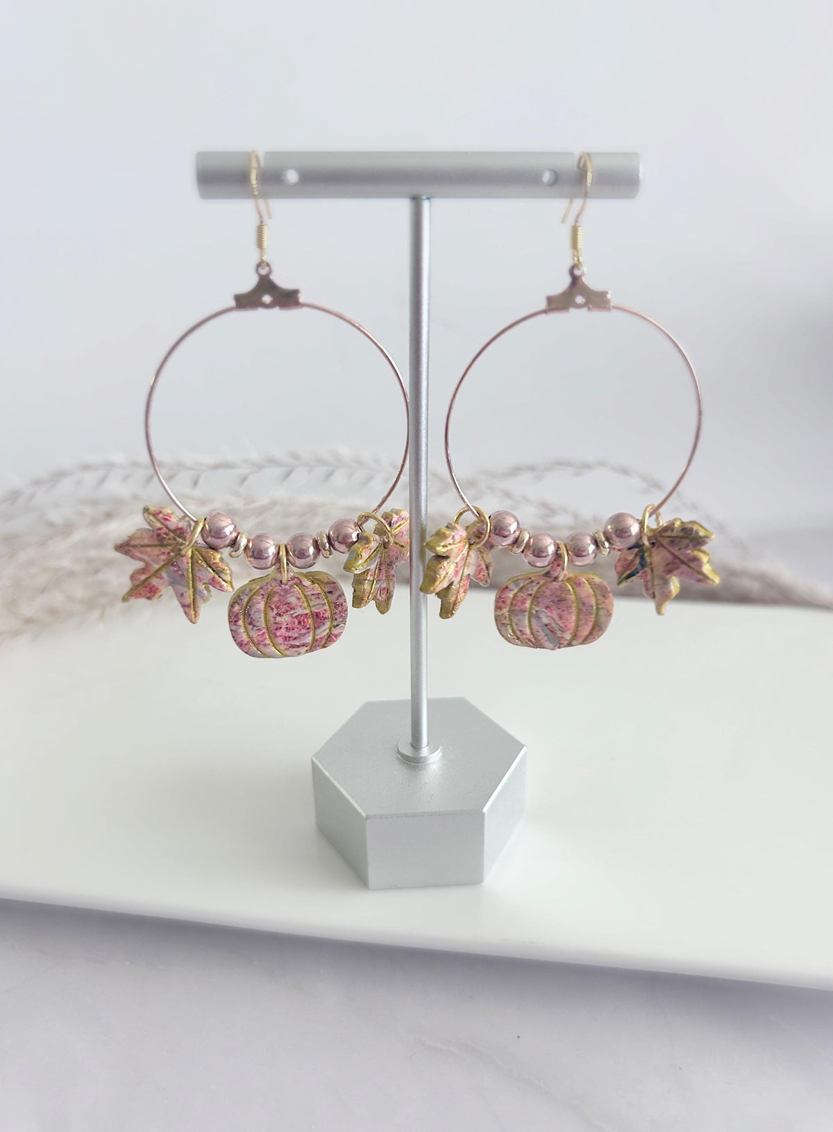 Fall Leaf Clay Earrings, Pumpkin Maple Beaded Hoop Dangles, Boho Hypoallergenic Lightweight Jewelry