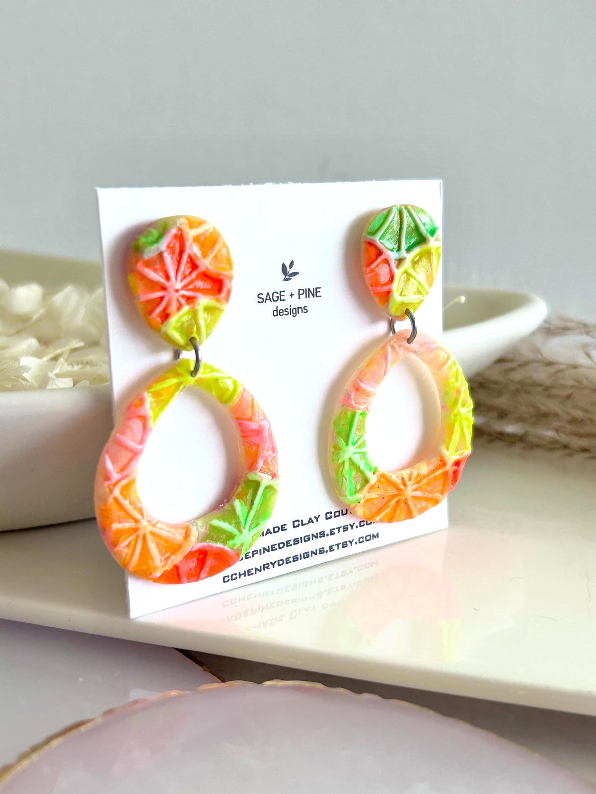 Neon Orange Slice Foodie Earrings, Grapefruit, Lemon, Lime, Unique Handcrafted Dangles, 90s Statement Clay Jewelry