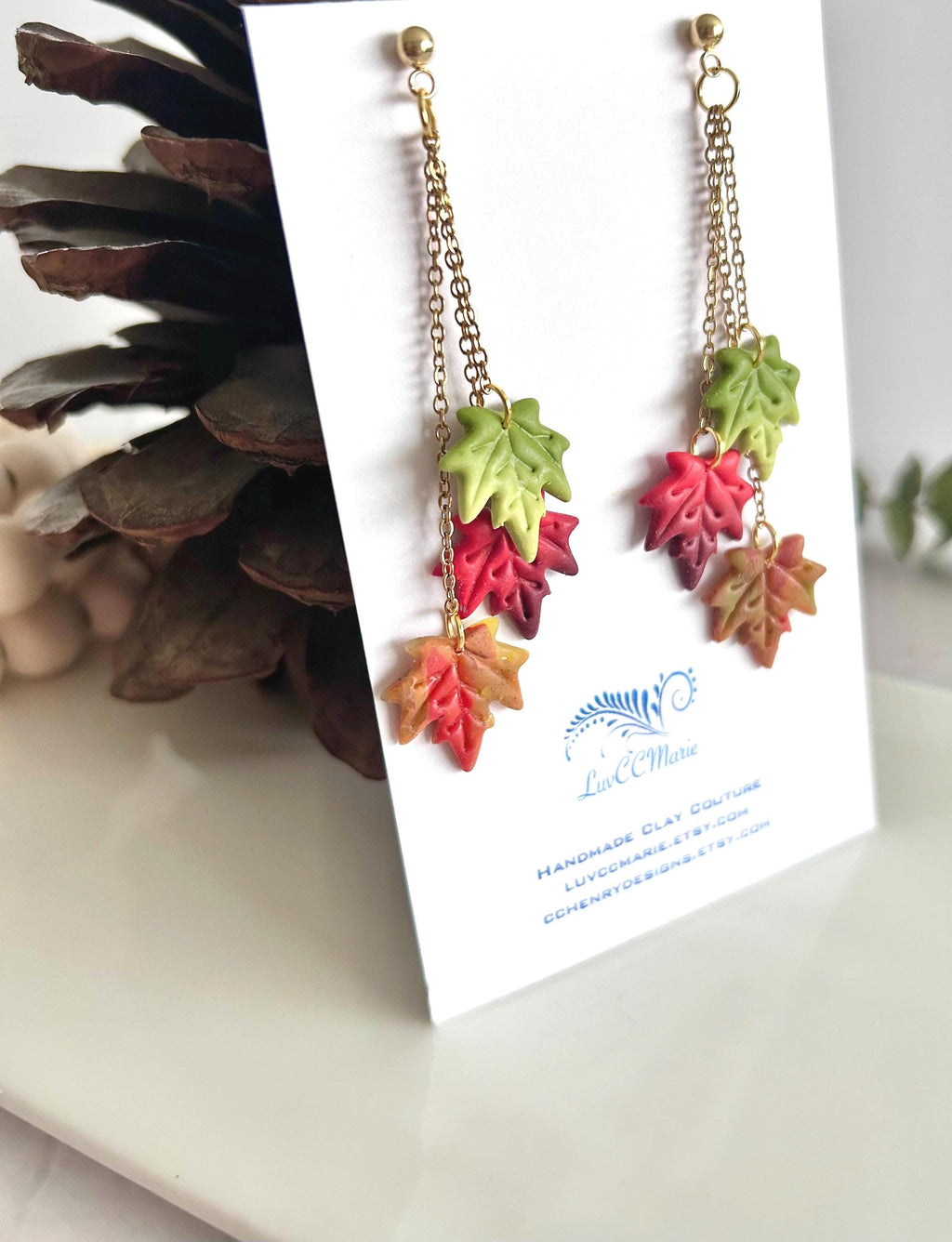Leaf Earrings, Fall Jewelry, Polymer Clay Ombre Maple Leaves Chain Dangles