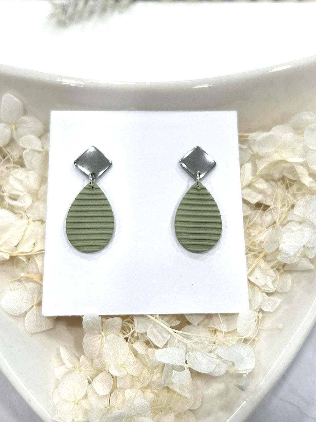Sage Green Clay Earrings: Boho Teardrop Post Dangles, Stainless Steel Hypoallergenic Studs