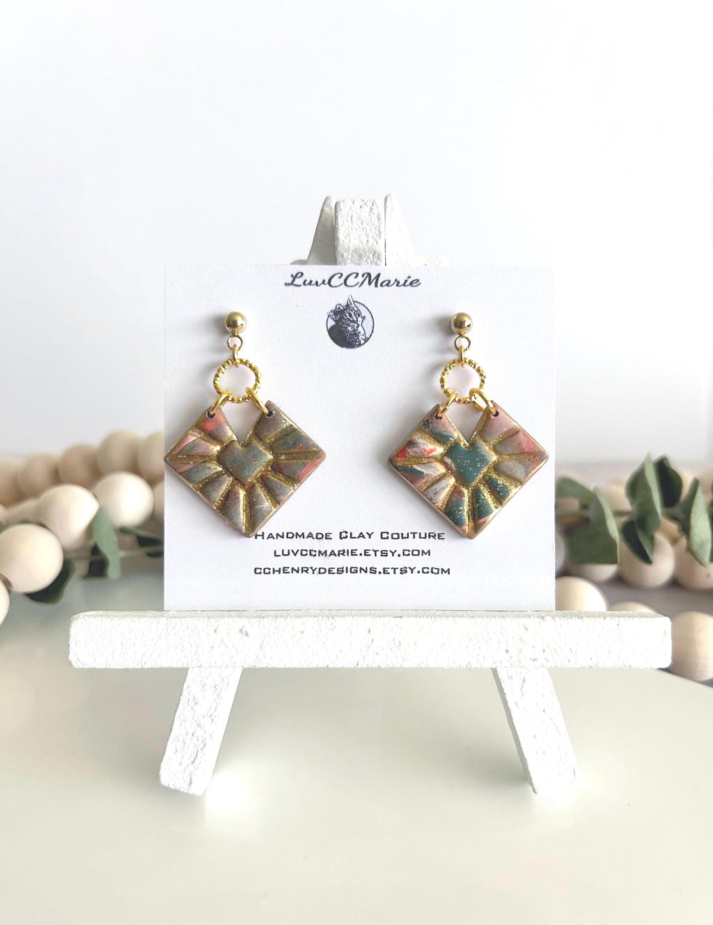 Green and Gold Marbled Geometric Hoop Dangles, Bright Orange Clay Earrings, Handmade Jewelry
