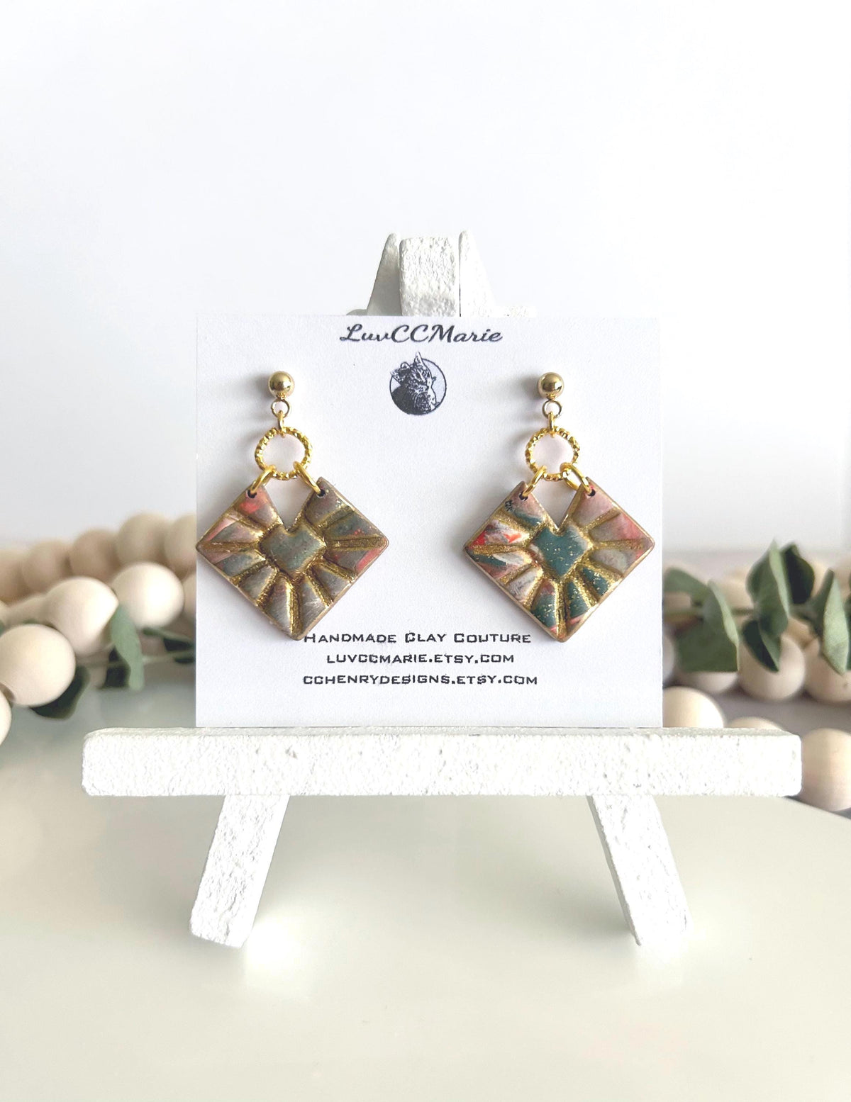 Green and Gold Marbled Geometric Hoop Dangles, Bright Orange Clay Earrings, Handmade Jewelry