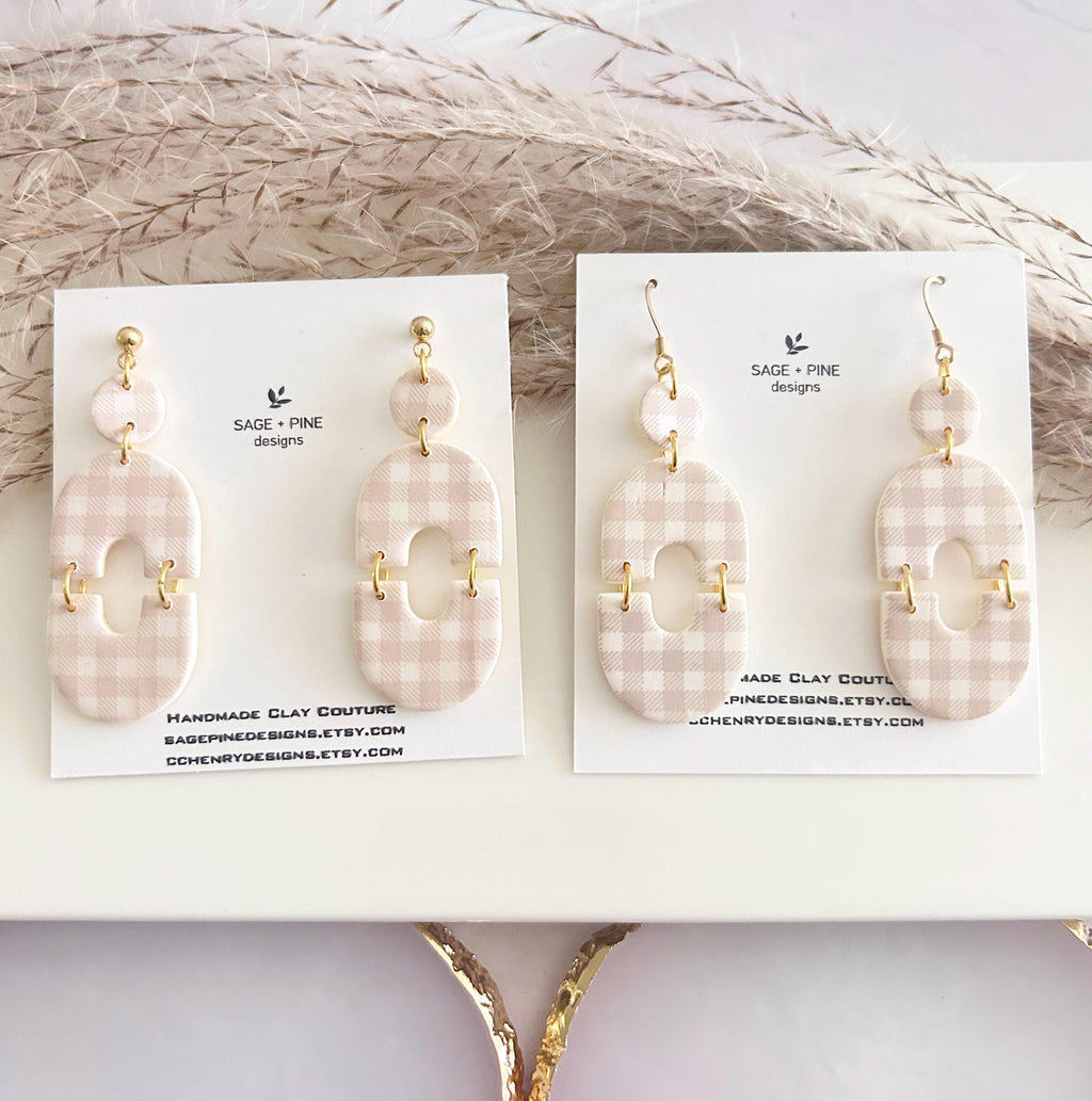 Handmade Gingham Clay Earrings, Boho Beige and White Checkered Dangles