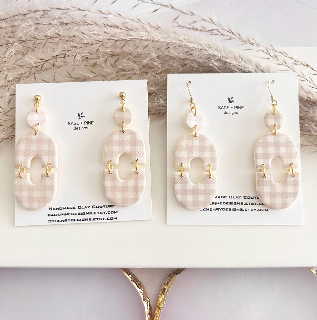 Handmade Gingham Clay Earrings, Boho Beige and White Checkered Dangles