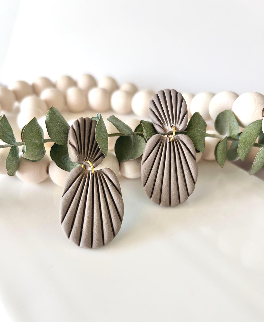 Khaki Neutral Seashell Earrings, Stud Drop Dangles, Coastal Beach Vacation Clay Jewelry, Hypoallergenic Lightweight