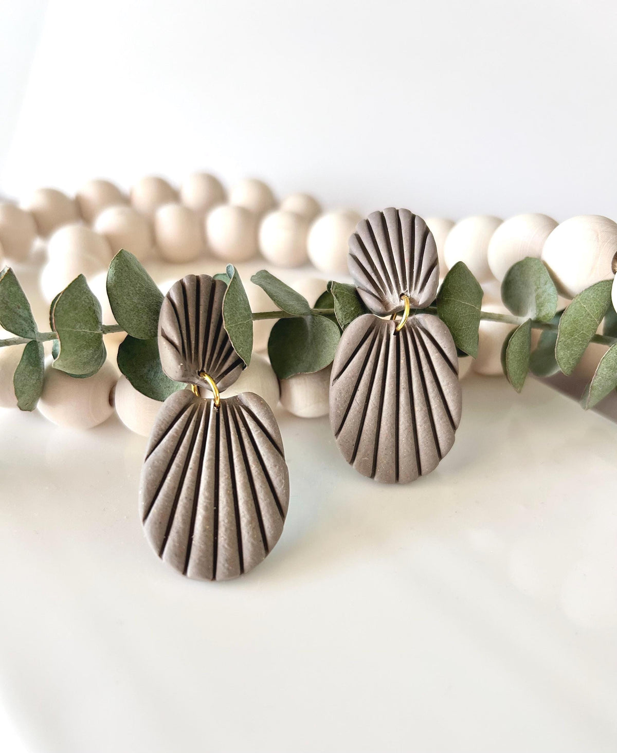 Khaki Neutral Seashell Earrings, Stud Drop Dangles, Coastal Beach Vacation Clay Jewelry, Hypoallergenic Lightweight
