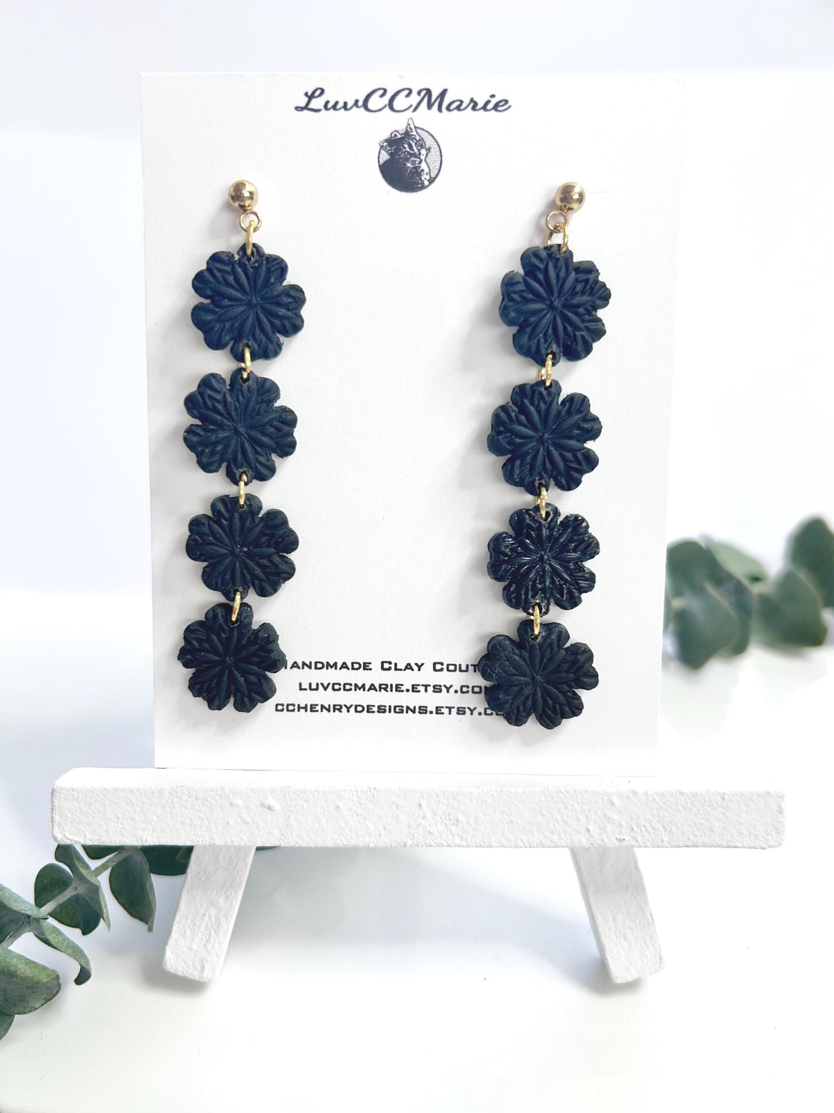 Black Daisy Chain Dangle Earrings: Handmade Boho Clay Floral Jewelry