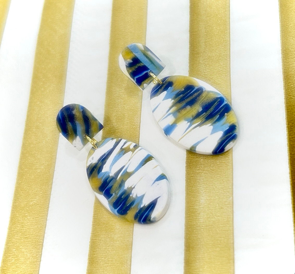 Cobalt Blue Swirl Clay Earrings: Gold Stainless Steel Boho Dangles