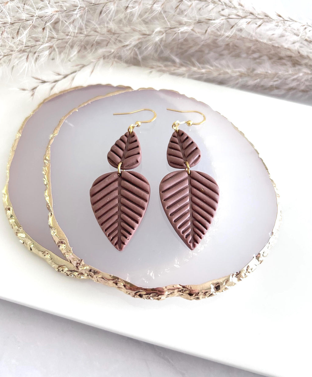 Chocolate Brown Leaf Earrings, Fall Leaves Stud Drop Dangles, Handmade Clay Boho Jewelry
