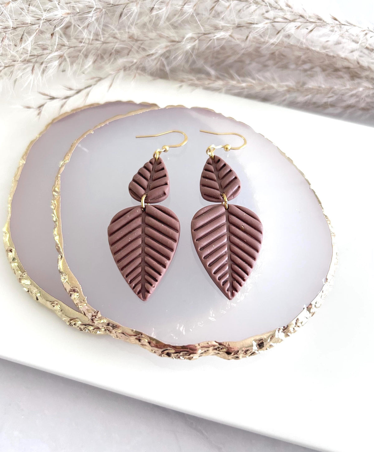 Chocolate Brown Leaf Earrings, Fall Leaves Stud Drop Dangles, Handmade Clay Boho Jewelry