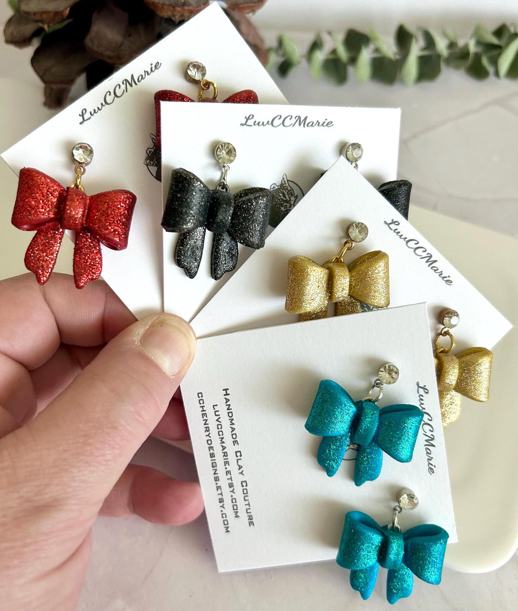 Glitter Bow Clay Earrings, Coquette Dangles, Handmade Holiday Jewelry