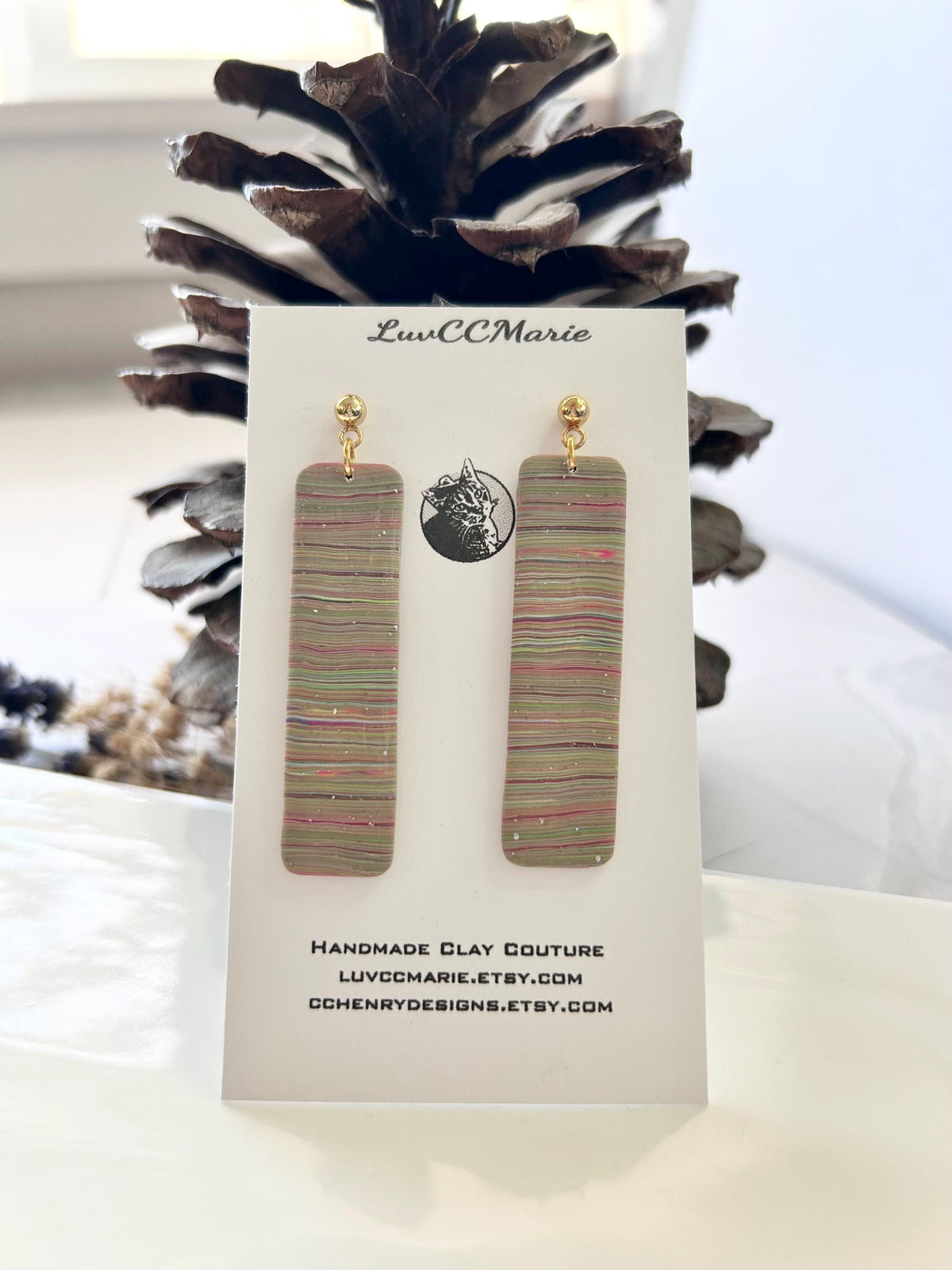 Multicolor Long Dangle Earrings, Rainbow Striped Modern Drop Bar Dangles, Colorful Handmade Clay Everyday Jewelry