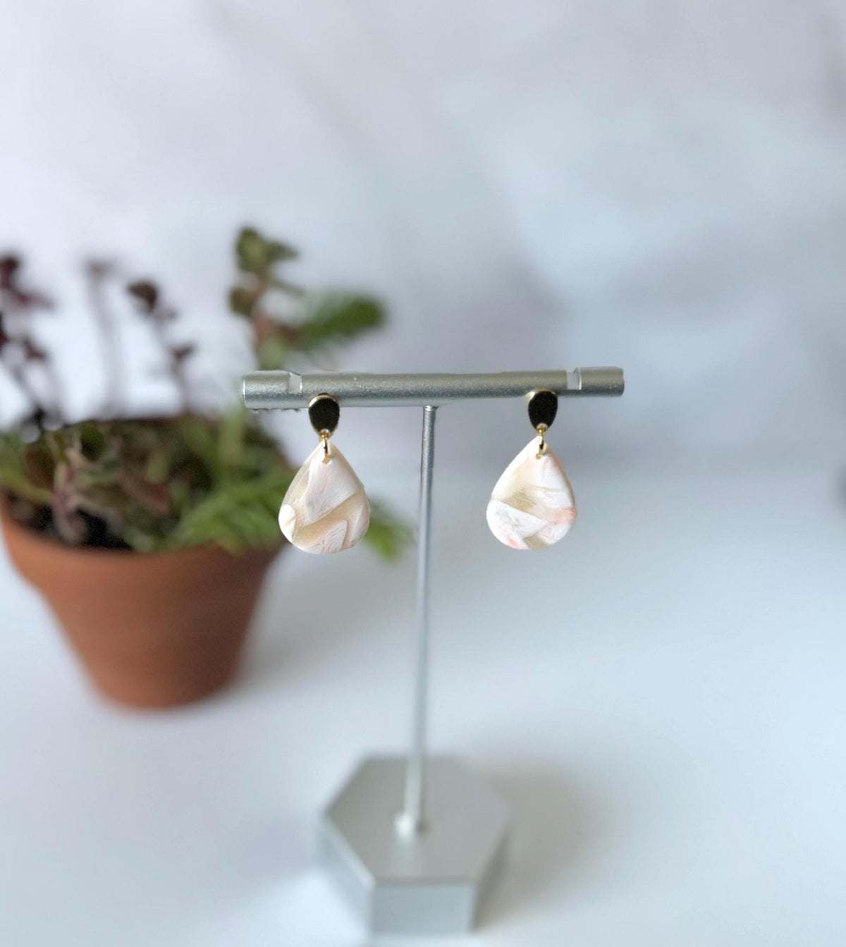 Peach and White Marbled Clay Drop Earrings, Teardrop Spring or Summer Dangles, Handmade Jewelry