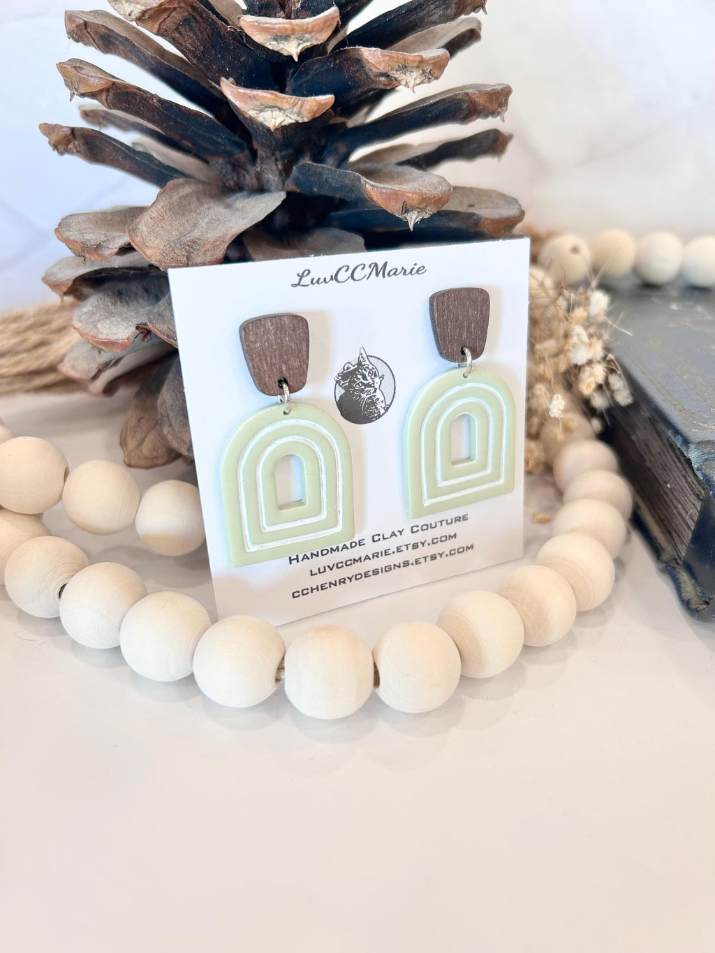 Sage Green and White Drop Earrings, Clay and Wood Arch Dangles, Handmade Jewelry