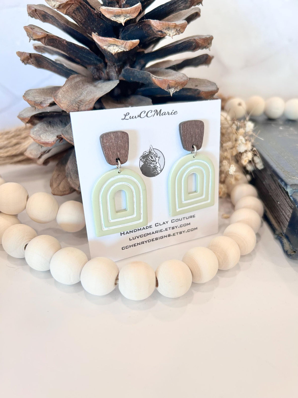 Sage Green and White Drop Earrings, Clay and Wood Arch Dangles, Handmade Jewelry