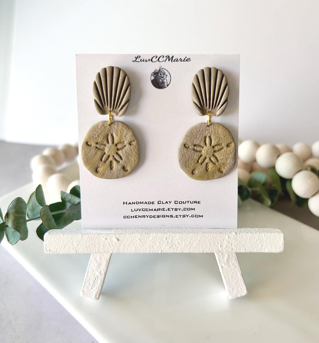Khaki Gold Sand Dollar Clay Earrings, Coastal Beach Vacation Dangles, Unique Handmade Gift