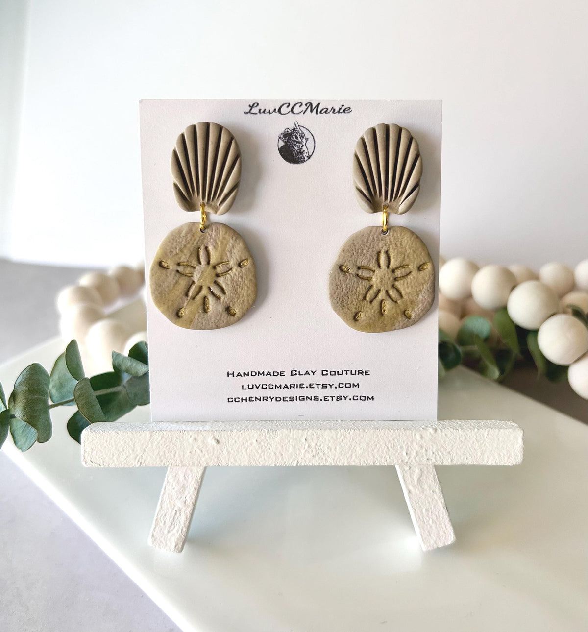 Khaki Gold Sand Dollar Clay Earrings, Coastal Beach Vacation Dangles, Unique Handmade Gift