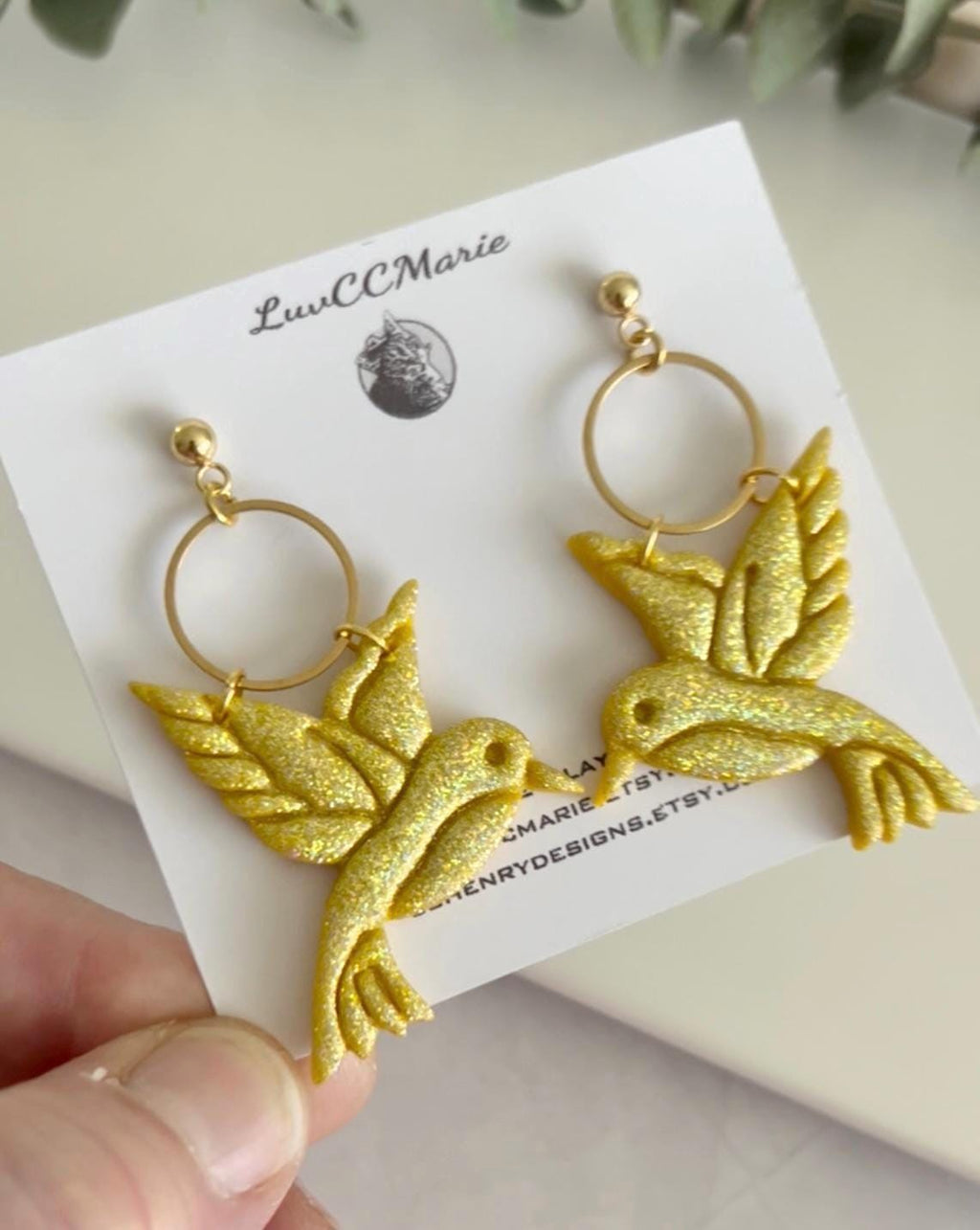 Hummingbird Earrings, Polymer Clay Bird Jewelry, Yellow Summer Garden Gift
