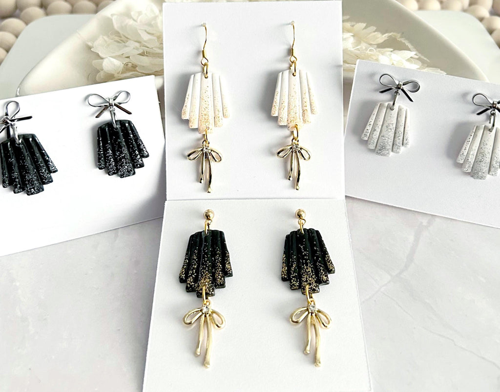 Sparkly Dangles, Bow Earrings, Modern Wedding Clay Jewelry, Handmade Gift For the Bride