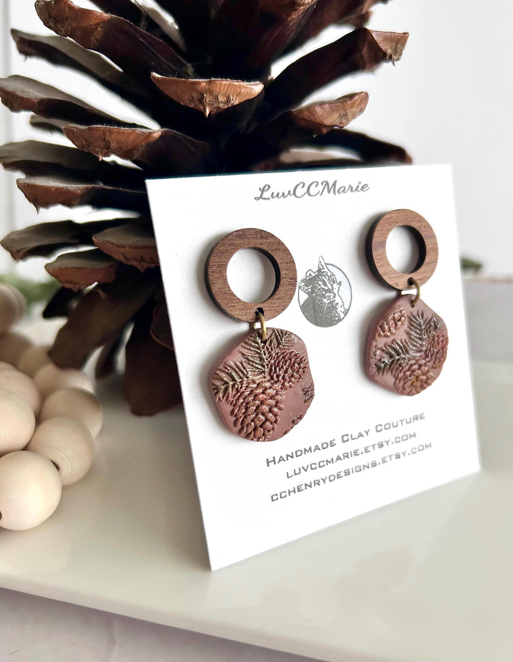 Pine Bough Clay and Wood Dangle Earrings, Fall Pinecone Walnut Stud Boho Jewelry