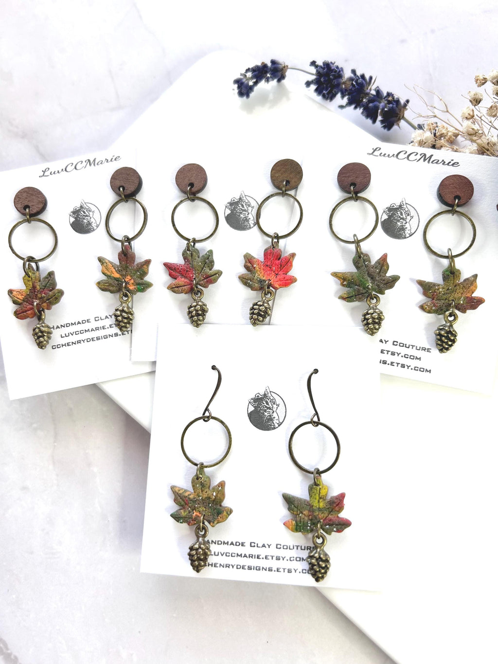 Watercolor Leaf Clay Earrings, Pine Cone Dangles: Walnut and Bronze Boho Jewelry