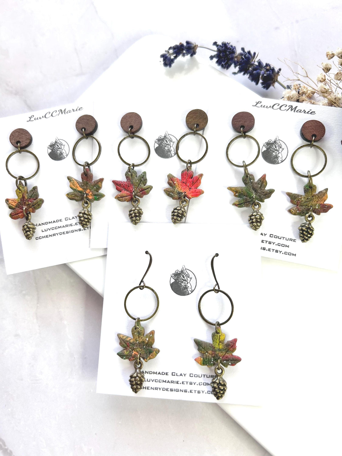 Watercolor Leaf Clay Earrings, Pine Cone Dangles: Walnut and Bronze Boho Jewelry