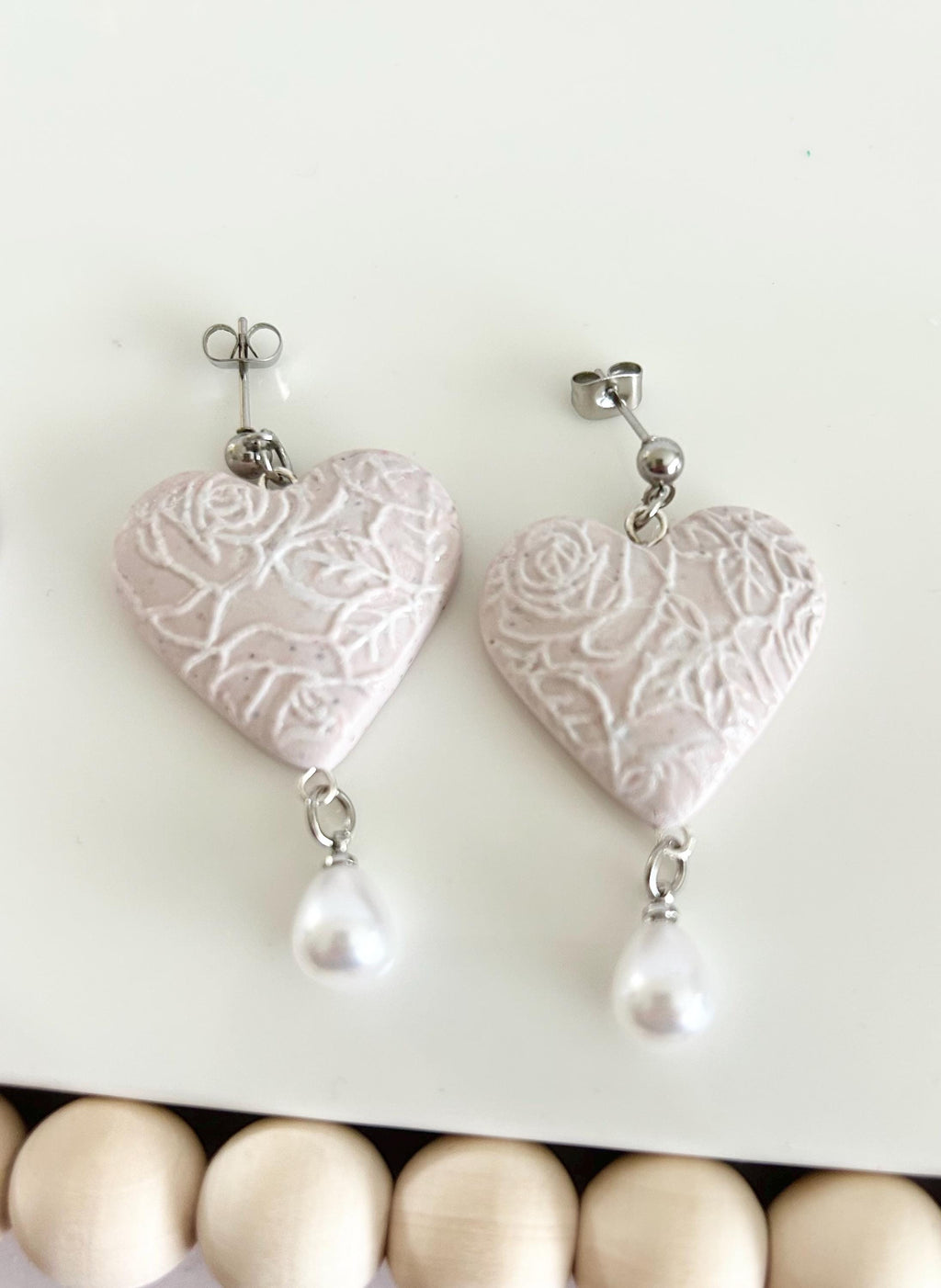 Blush Pink Wedding Earrings, White Pearl Bridal Dangles, Handmade Jewelry Gift For Bride