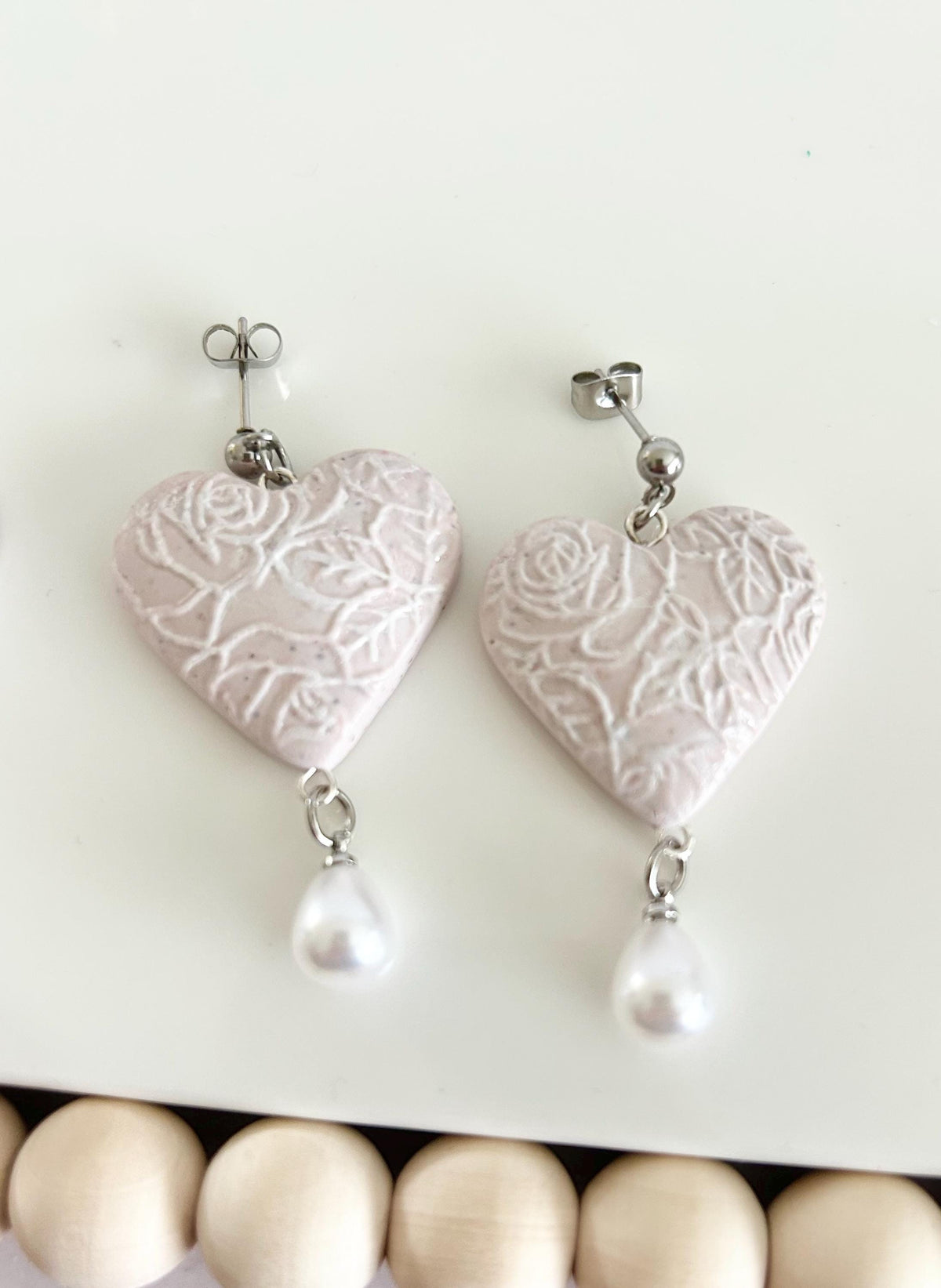 Blush Pink Wedding Earrings, White Pearl Bridal Dangles, Handmade Jewelry Gift For Bride