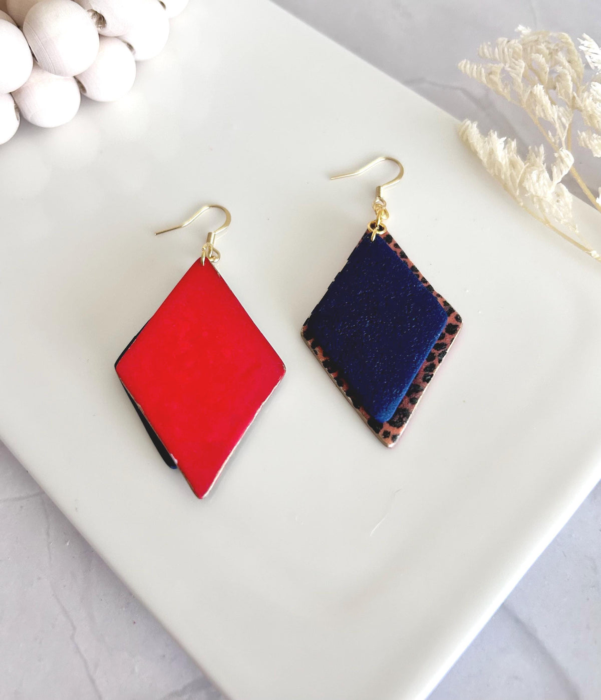 Navy Blue Leopard Print Hoop Earrings, Clay Dangles, Handmade Hypoallergenic Surgical Stainless Steel