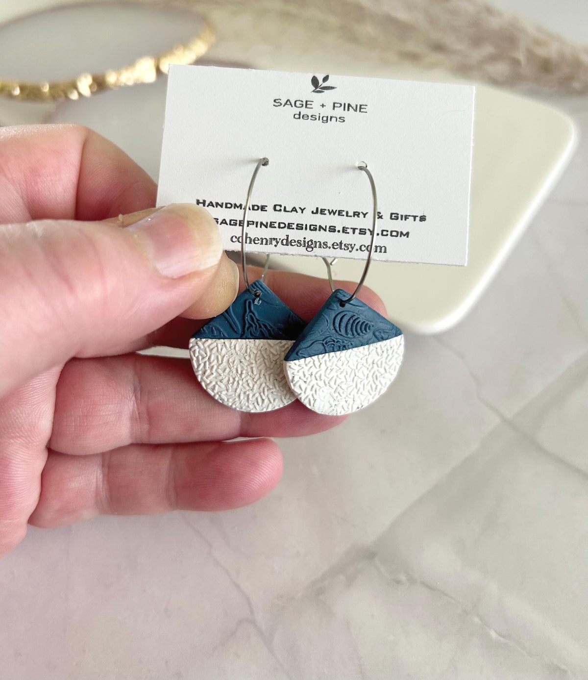 Creamy White and Teal Blue Abstract Fan Dangle Earrings, Handmade Clay Coastal Jewelry