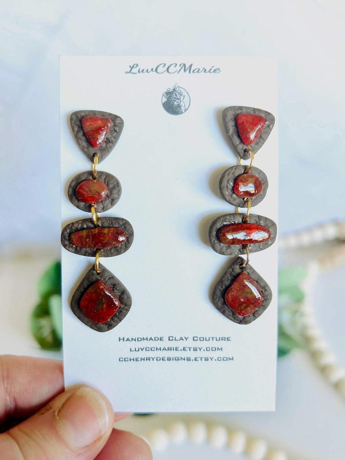 Red and Brown Marbled Stone Clay Earrings, Long Geometric Stud Dangles, Lightweight Hypoallergenic