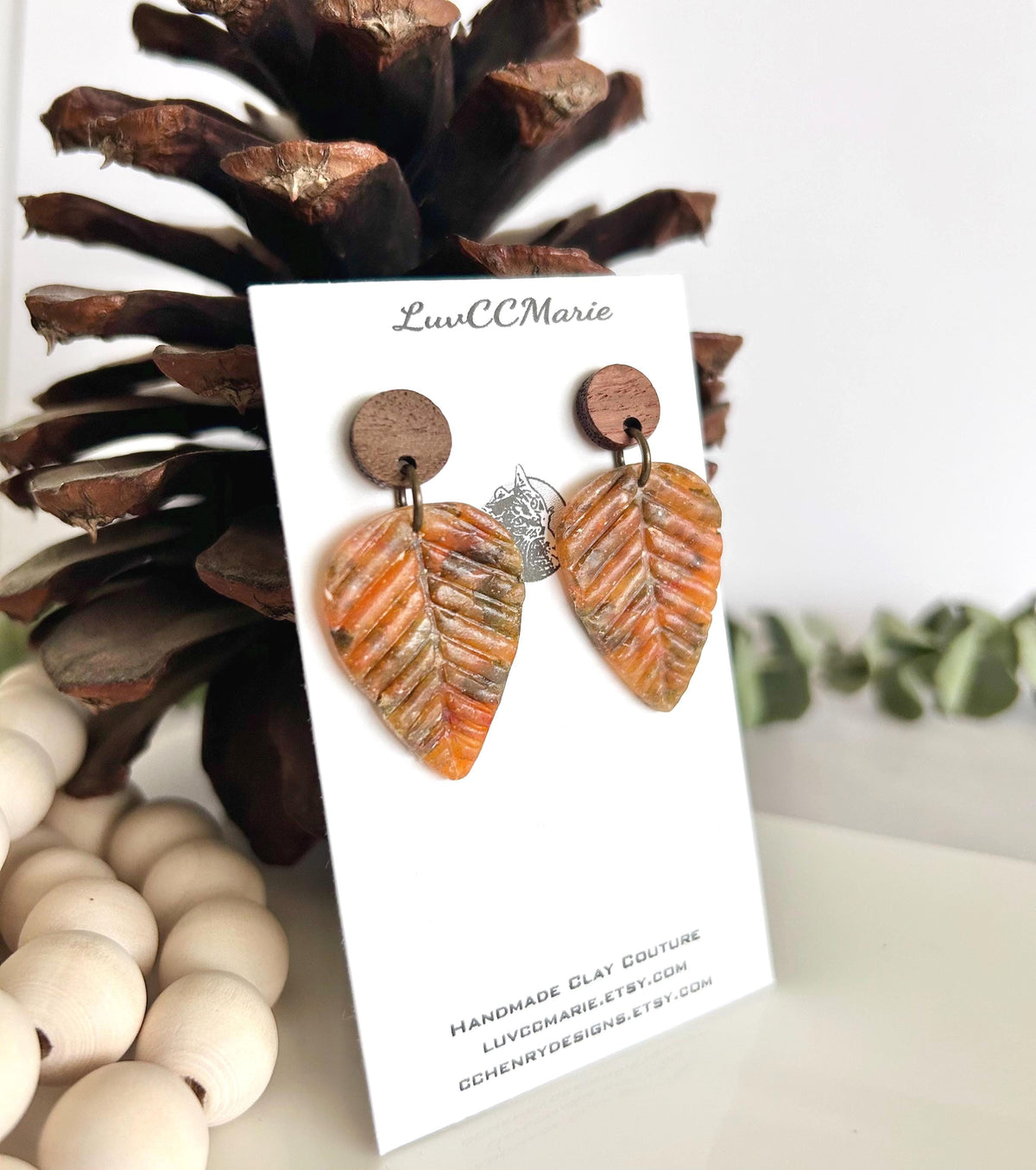 Rustic Autumn Leaves Earrings, Asymmetrical Wood Leaf Dangles, Handmade Lightweight, Colorful Fall Clay Jewelry