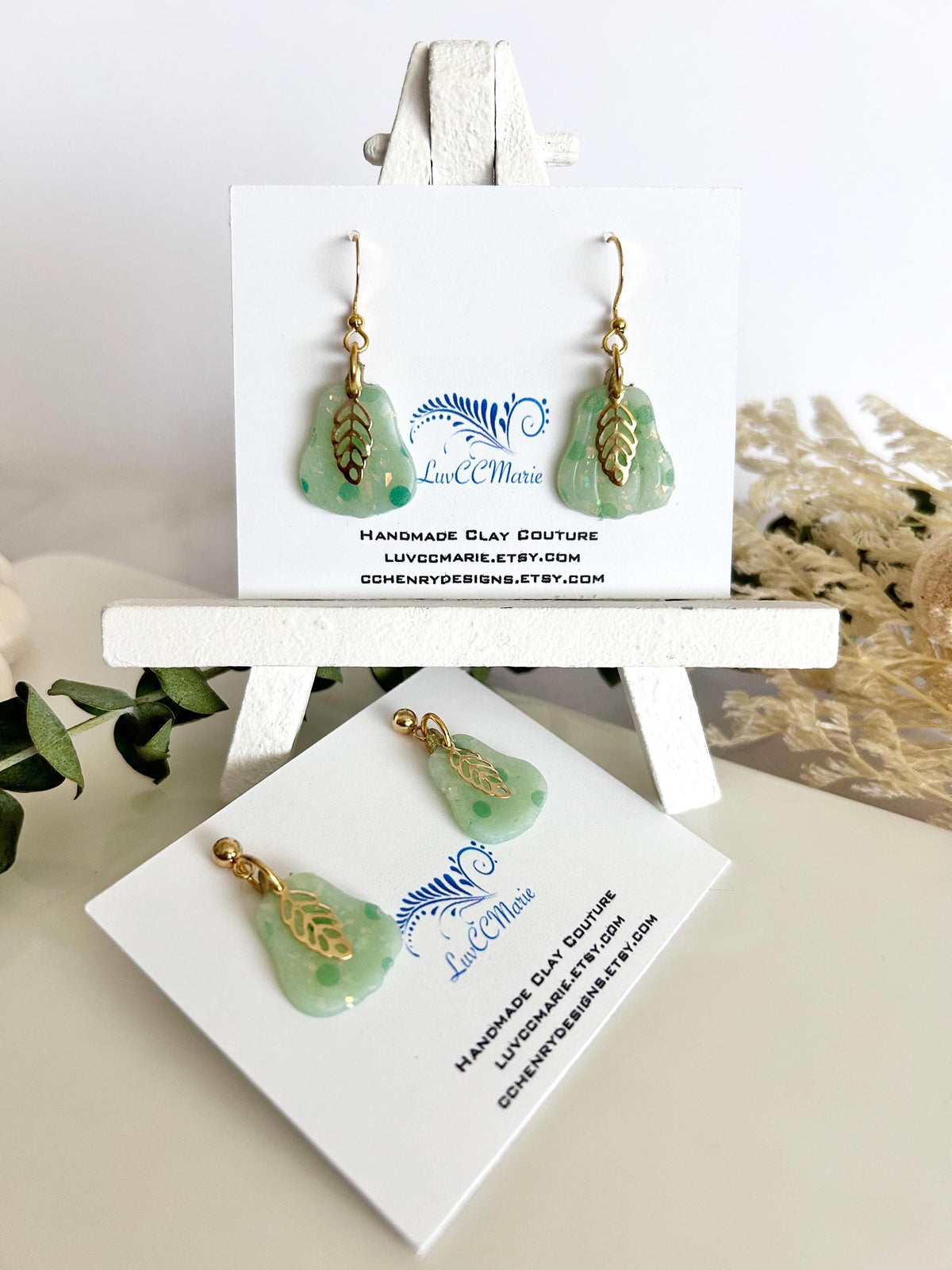Mint Green Polka Dot Pear Clay Earrings, Pastel Opal Dangles, Handmade Fashion Boho Jewelry