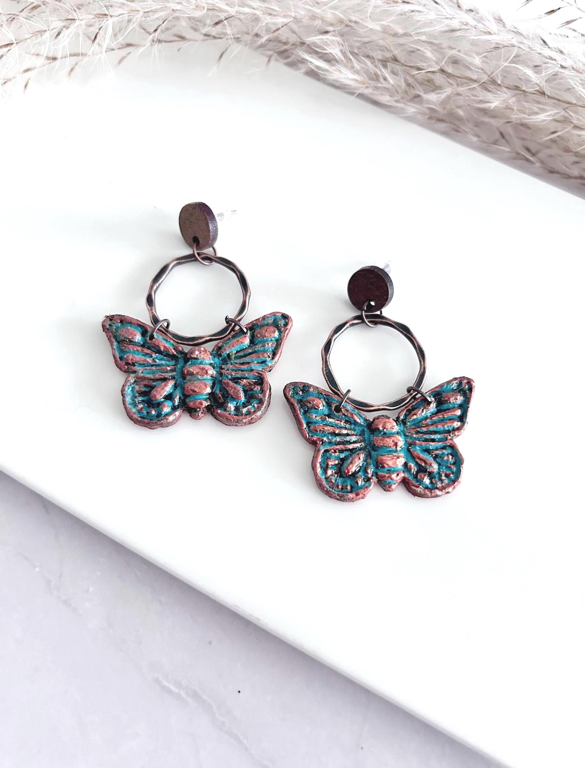 Copper Patina Rustic Moth Clay Earrings, Blue Green Insect Dangles, Lightweight Hypoallergenic