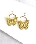 Hoop Butterfly Earrings, Sparkly Holographic Gold Monarch Dangles, Handmade Clay Unique Jewelry
